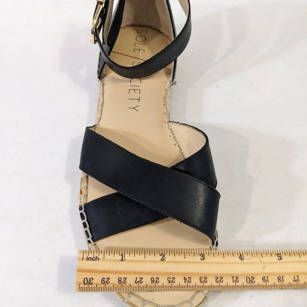 Sole Society Saundra Black Leather Espadrille Ankle Strap Sandals Womens 9.5 M